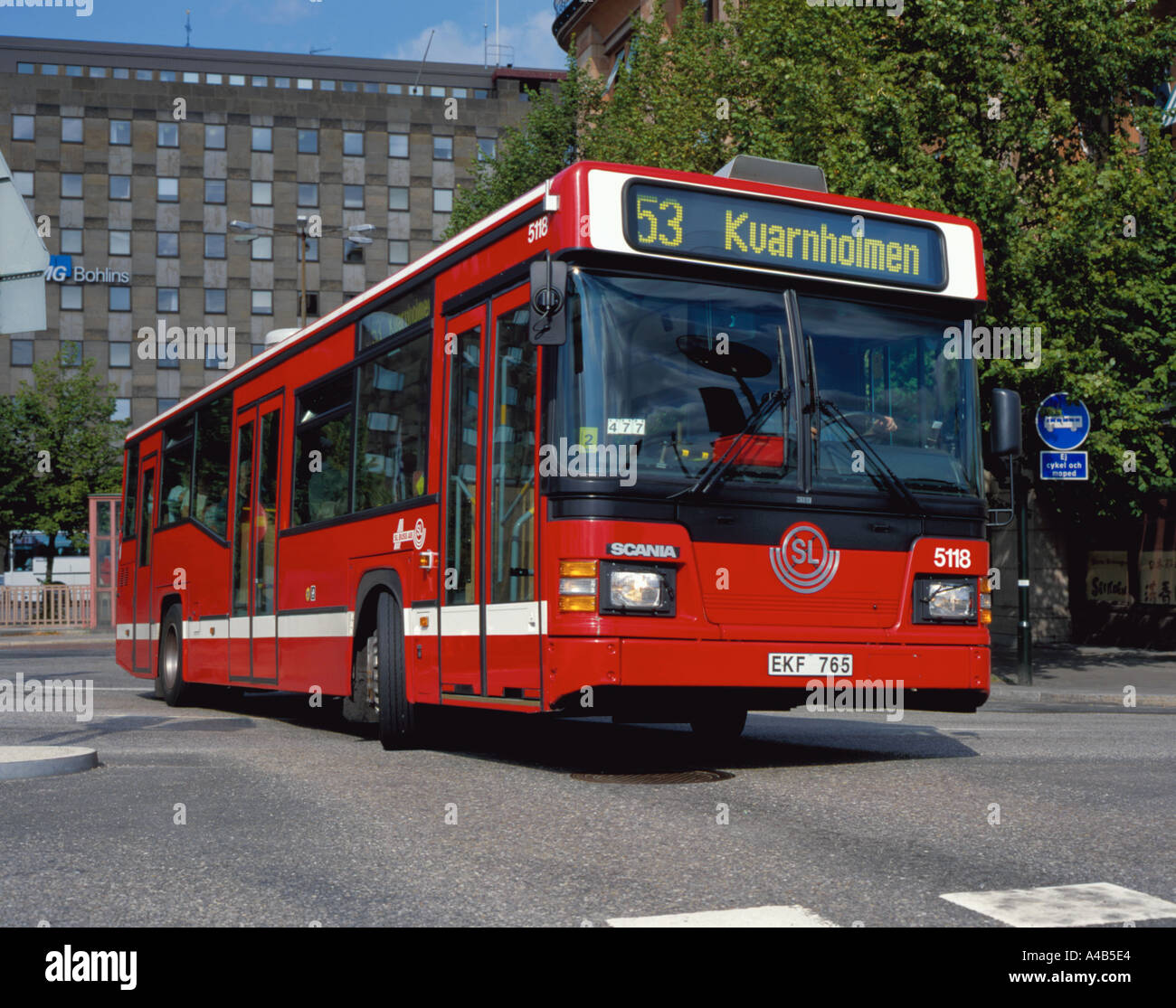 Single decker diesel powered bus, central Stockholm, Sweden. Stock Photo