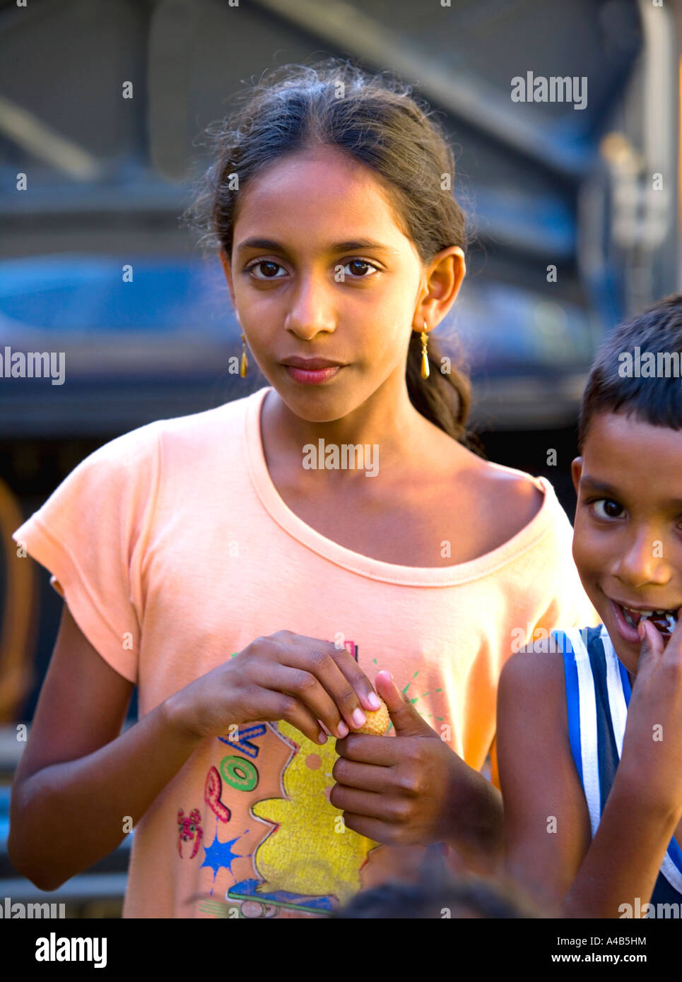 Young Mauritian girl of 10 years with 7 year old brother in "Rose Hill", "Mauritius" Stock Photo