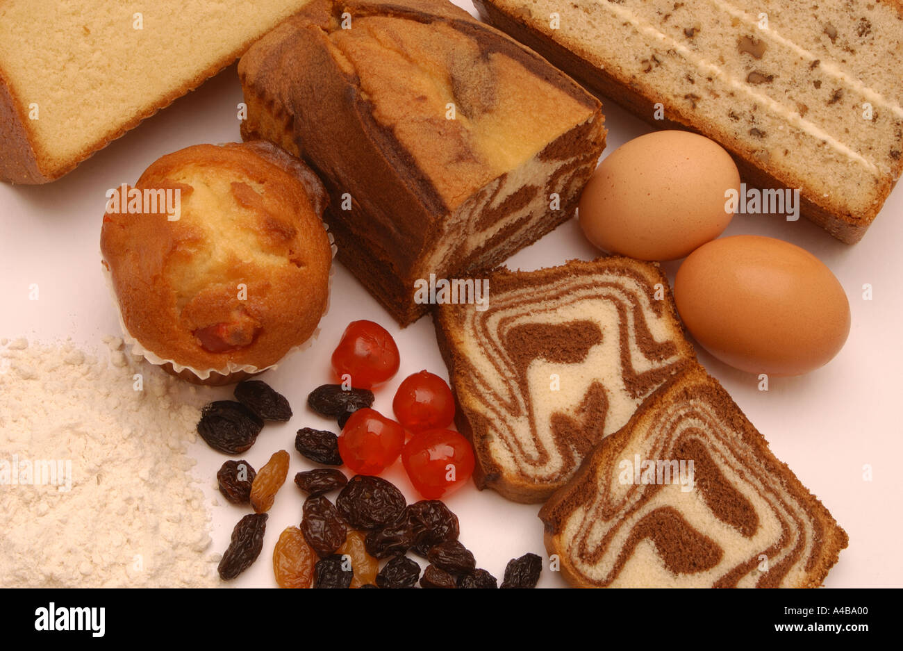 Close up of Assorted cakes and cake ingredients bakery baked baking Stock Photo