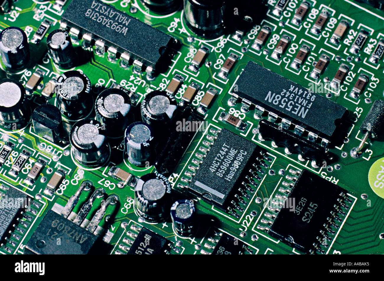 Components on computer printed circuit board Stock Photo