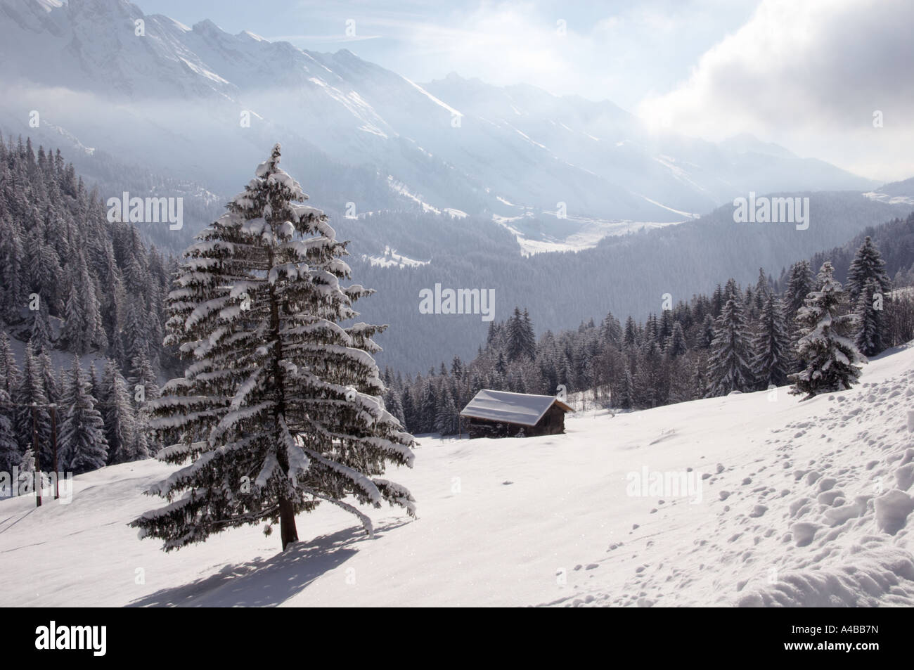 Chaine des Aravis viewed from road leading to the Col des Annes from Le Grand Bornand Haute Savoie France Stock Photo