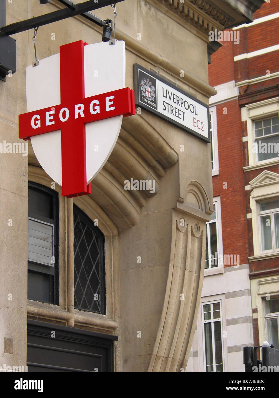 George London Pub and Bar Sign, Liverpool Street, City of London, England, United Kingdom Stock Photo