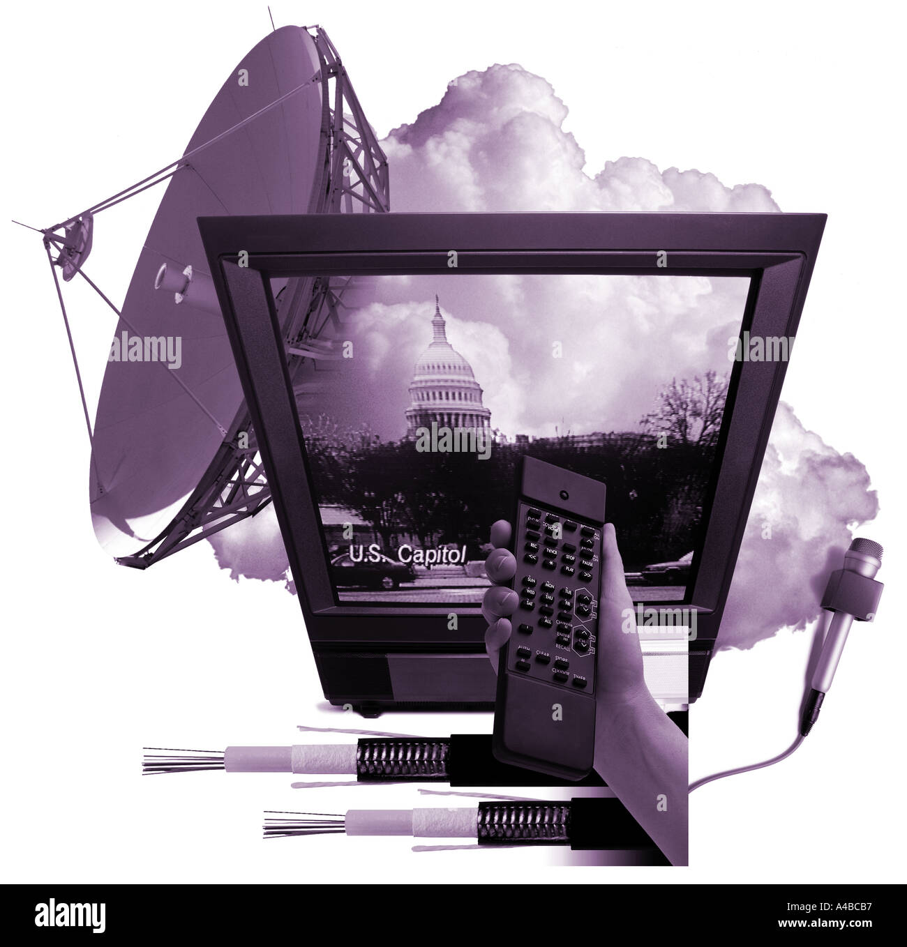 Telecommunications is the theme for this collage satelite tv cable tv user programing  Stock Photo