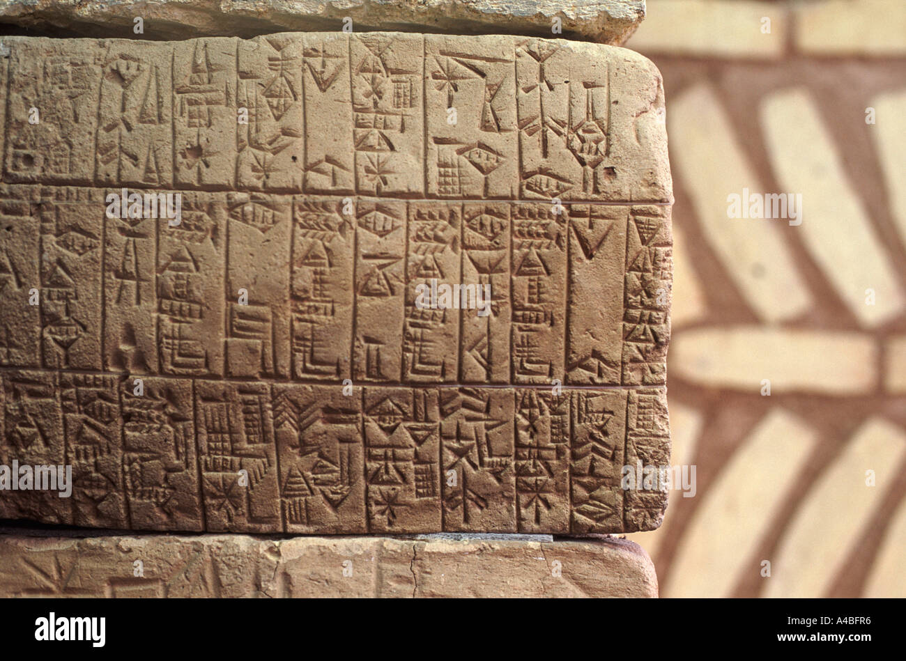 Cuneiform 'planoconvex' brick in wall (early bronze age Sumer 2570-2342 BC), Museum of the Ancient Orient, Istanbul, Turkey Stock Photo