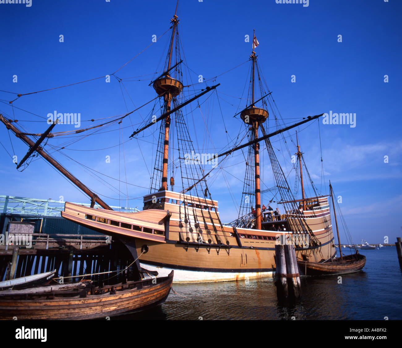 Replica of the Mayflower moored in the dock in Plymouth Massachusetts, USA Stock Photo