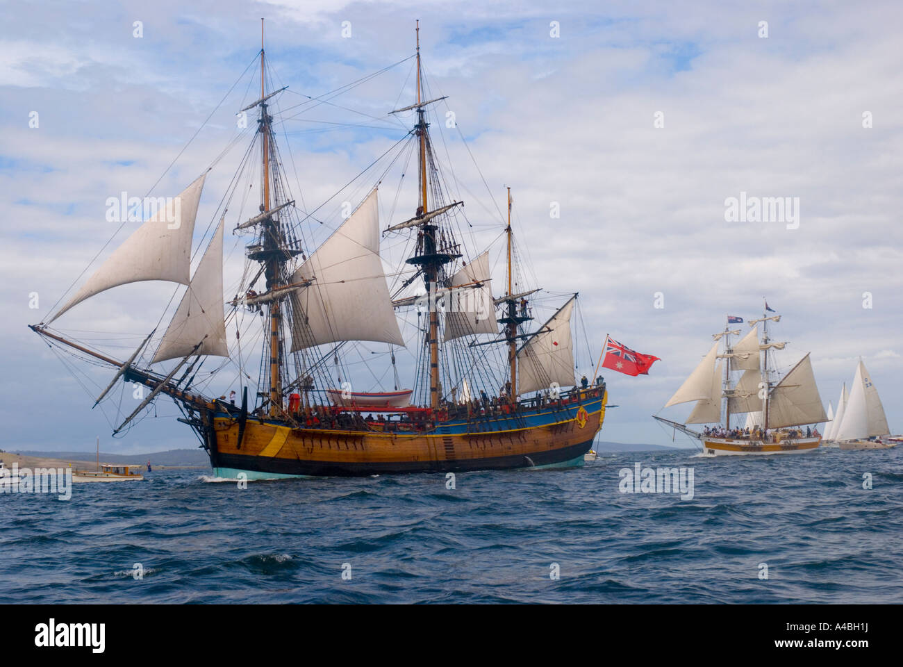 The replica of Captain Cook s ship The Endeavour sailing on the Derwent