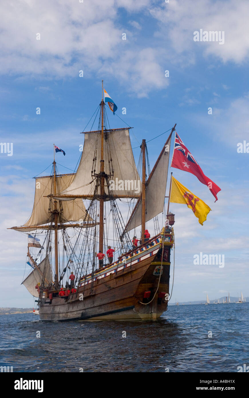 The replica of the 17th Century Dutch ship The Duyfken in the parade of sail on the Derwent River in Hobart Stock Photo