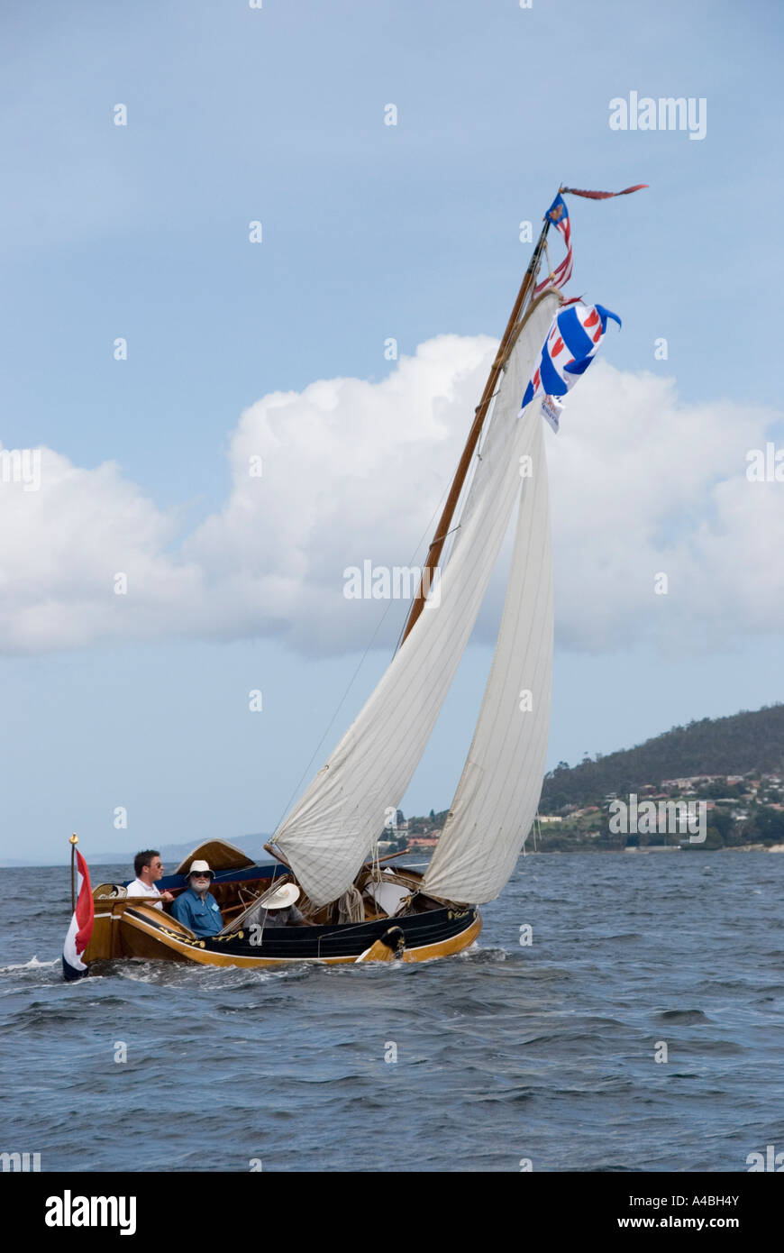 Traditional gaff rigged Dutch sail boat sailing on the Derwent River at