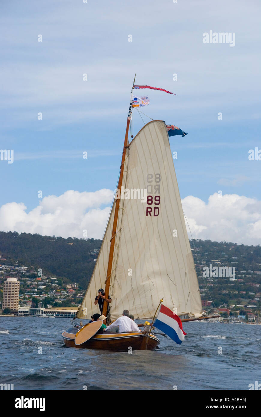 Traditional gaff rigged Dutch sail boat sailing on the Derwent River at Hobart Tasmania Stock Photo