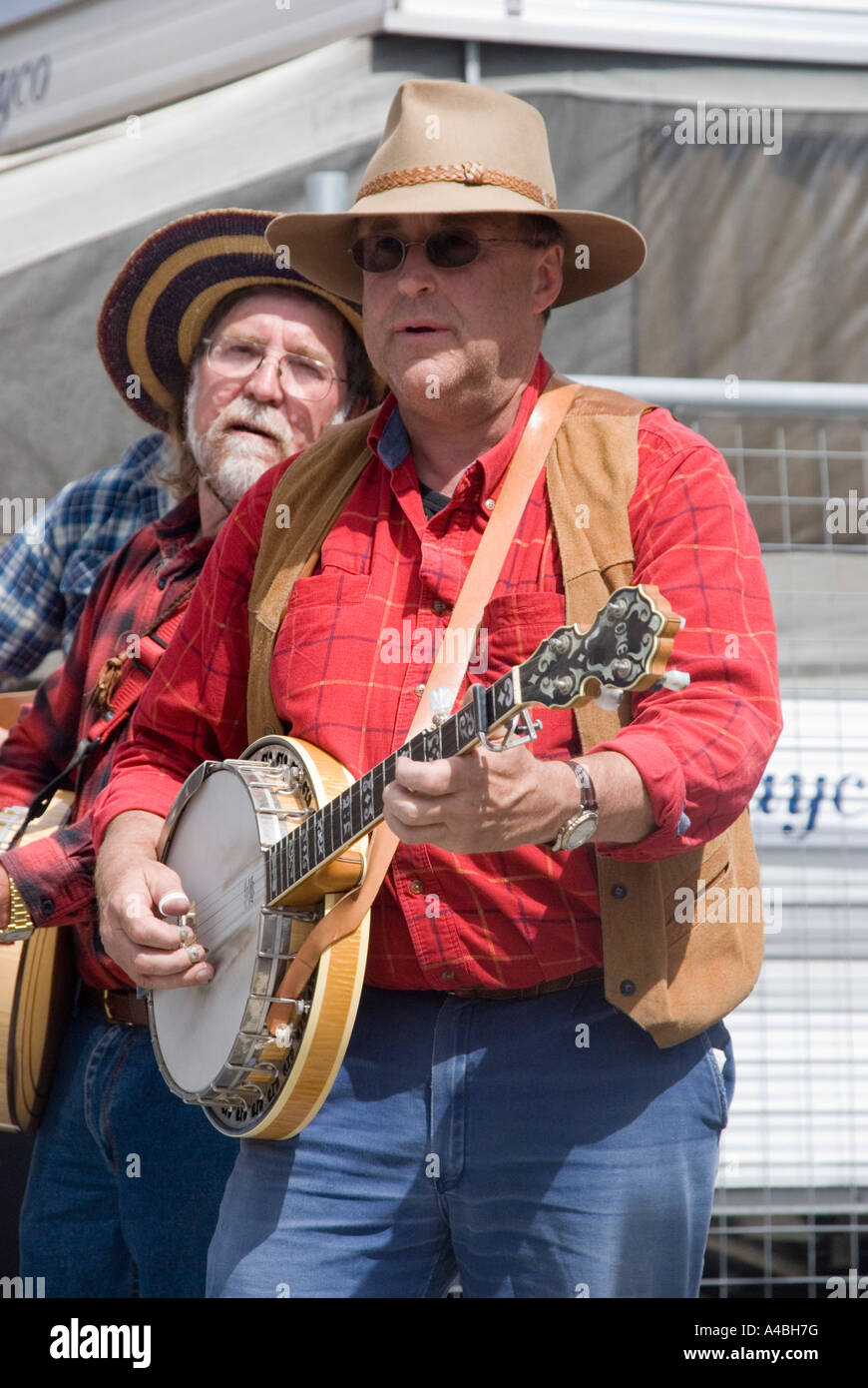 A performer at the Australian Wooden Boat Festival 2007 playing banjo in a country music band in Hobart Tasmania Stock Photo