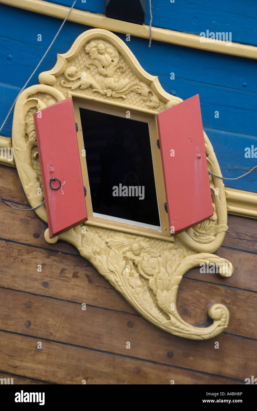 Detail of the after cabin ports and shutters of the replica of Captain Cook s ship the Endeavour Stock Photo