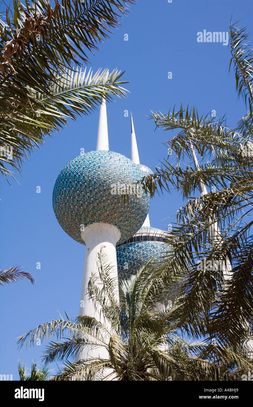 Kuwait Towers through the palm trees Stock Photo Alamy