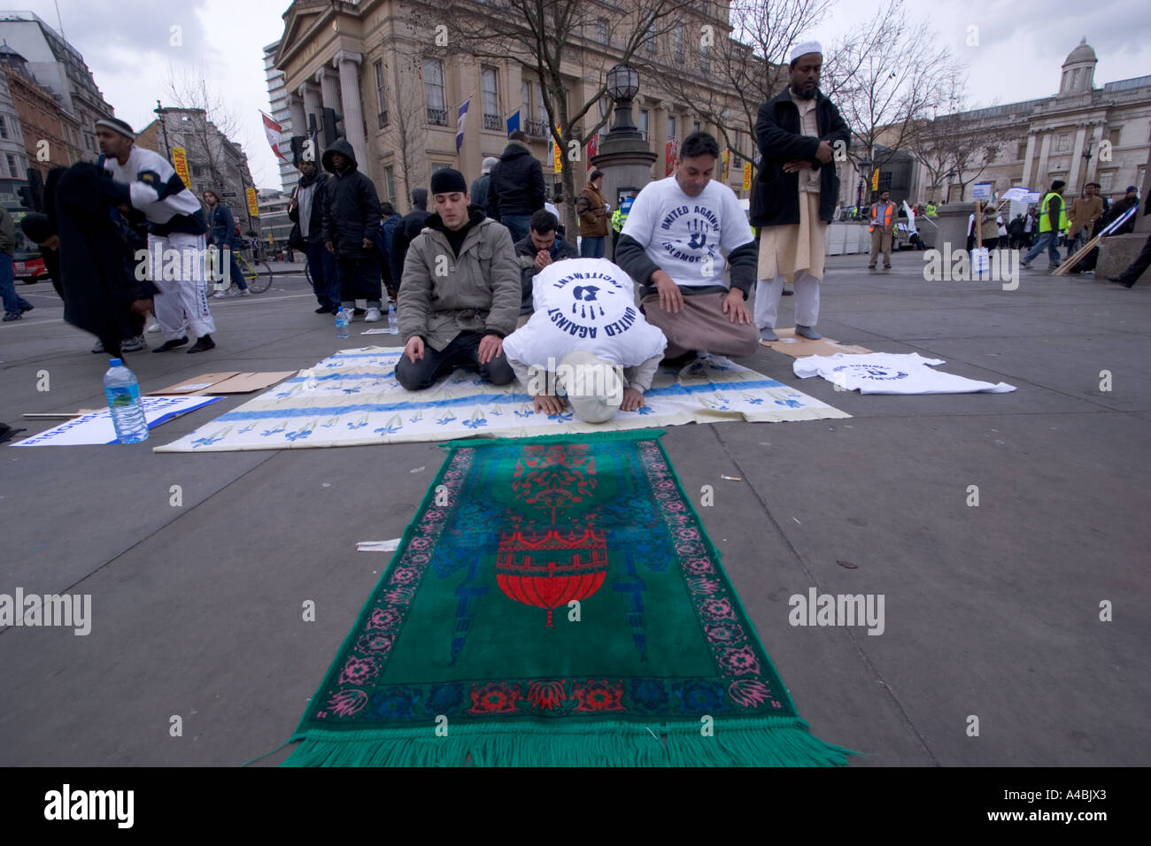 Praying islamic protesters meeting  Trafalgar square demonstrate about islamophobia after publication of cartoon in Danish paper Stock Photo