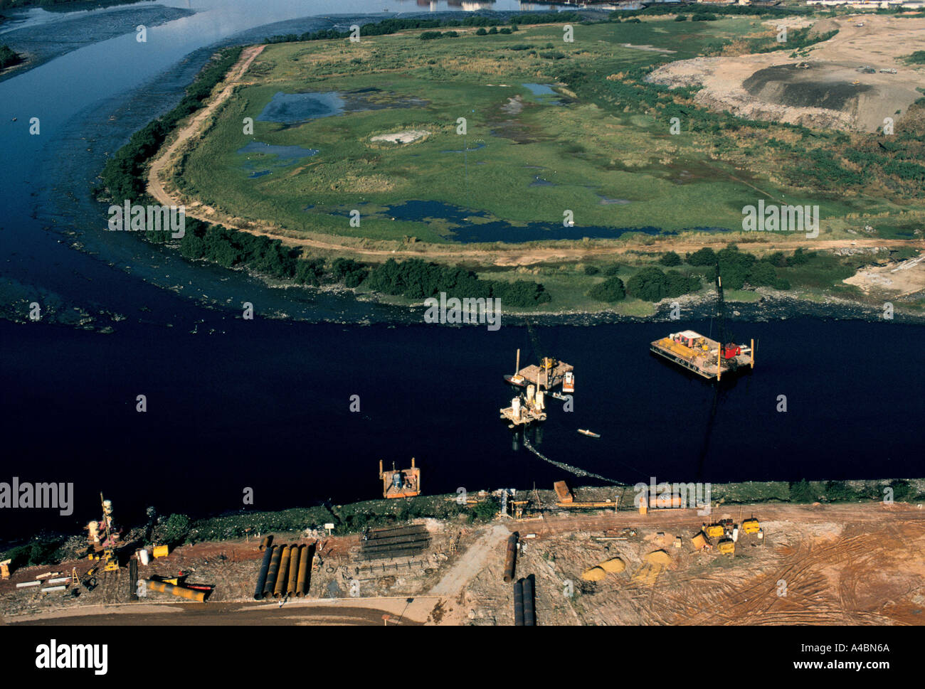 Rio: Water hyacinth is the only plant alive in the dead Rio Sarapui that flows full of industrial pollution Stock Photo