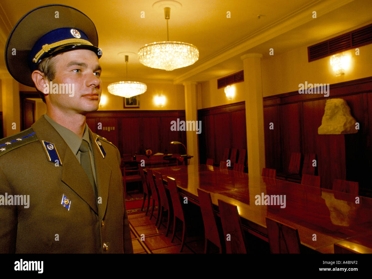 A KGB officer stands in the office of Yuri Adropov in the KGB's headquaters at the Lubyanka building, Moscow Russia 1990 Stock Photo