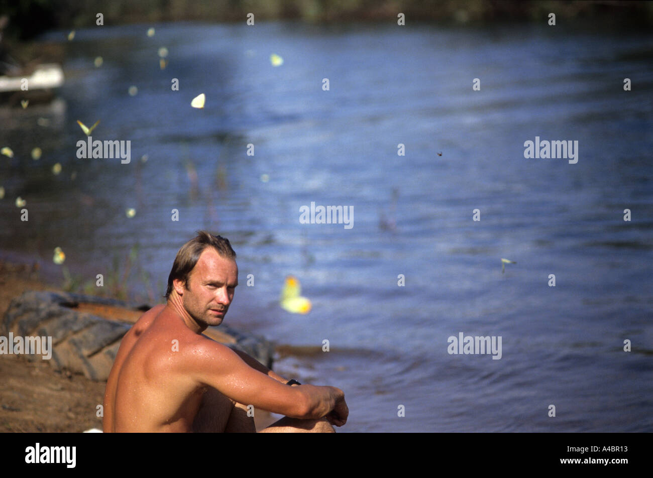 Xingu Indigenous Park, Brazil. Sting sitting beside the river with butterflies around him; Nov 1990. Stock Photo
