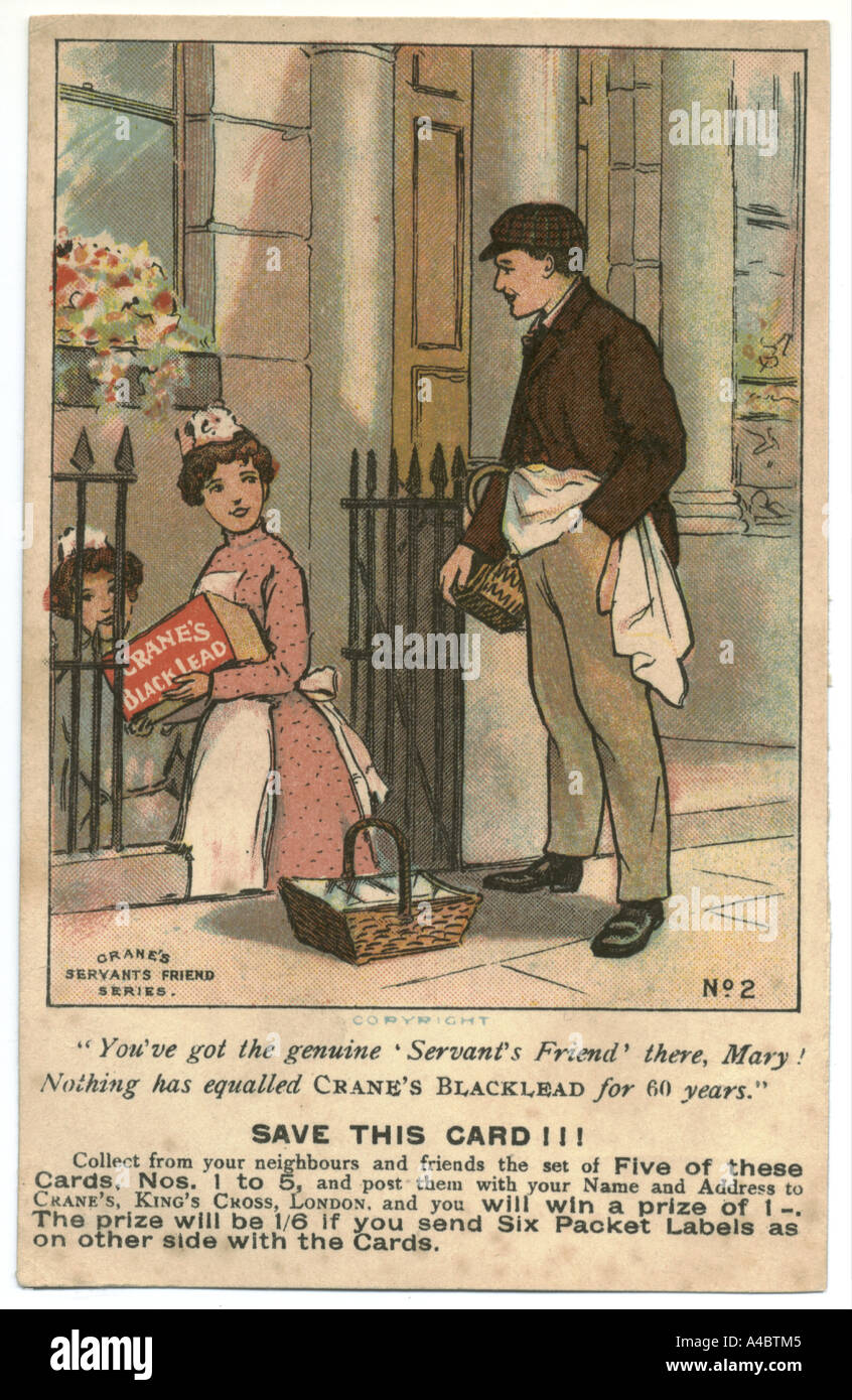 Black lead advertising postcard for Crane's Servants' Friend circa 1905 Stock Photo