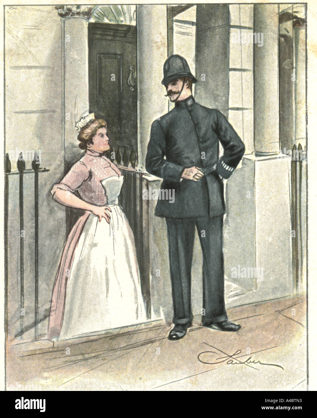 Housemaid and policeman circa 1910 Stock Photo