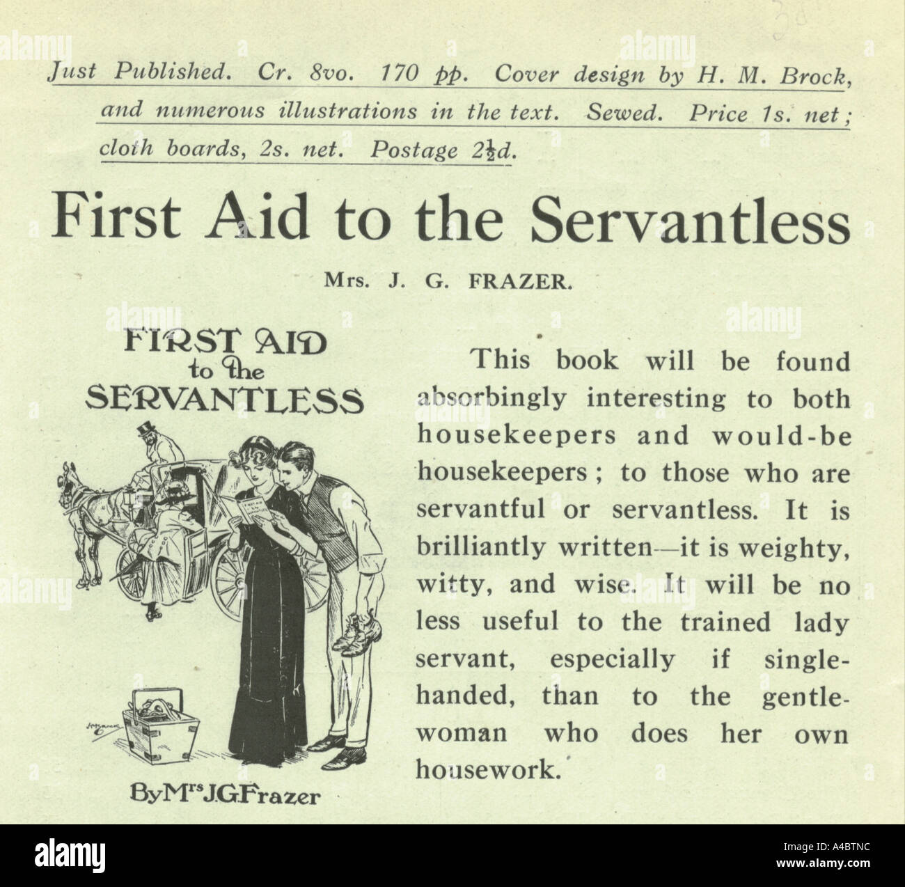 First Aid To The Servantless By Mrs J G Frazer Book Advertisement Stock Photo Alamy