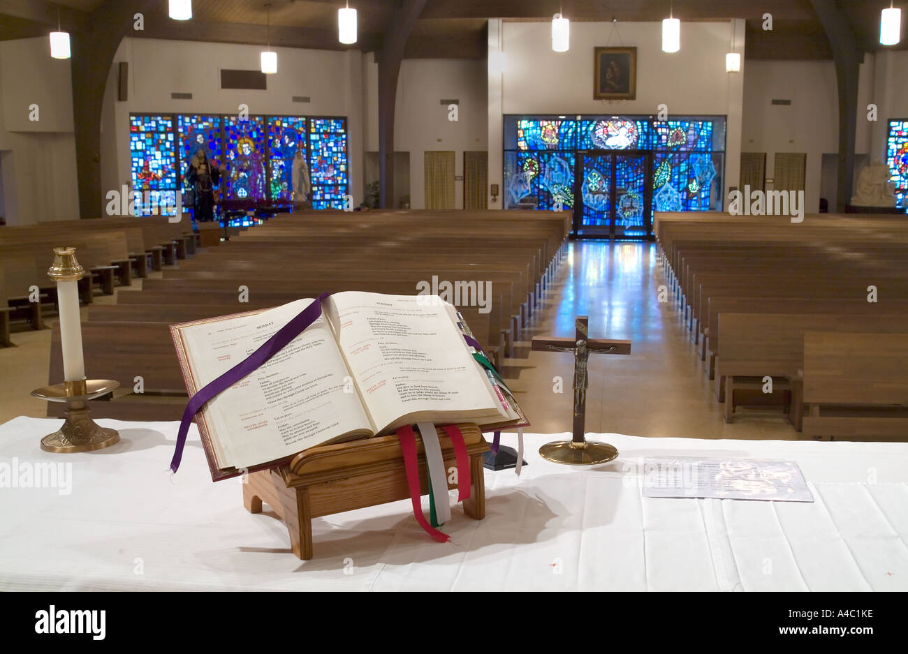 Bible On Altar In Roman Catholic Church Stock Photo Alamy