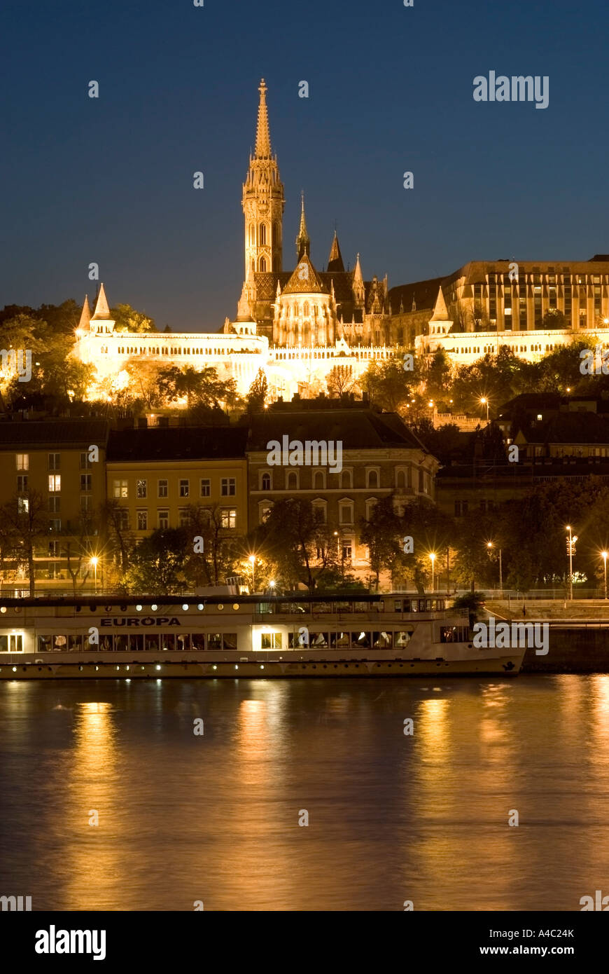Fishermens Bastion Buda Castle Danube River by Night Budapest Hungary Stock Photo