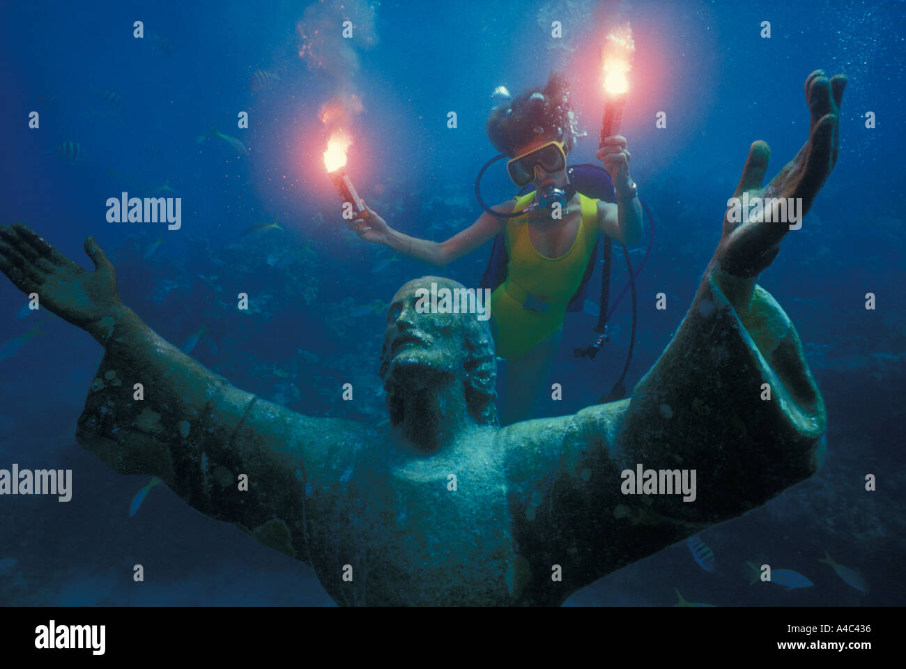 DIVER AND THE STATUE OF CHRIST OF THE ABYSS KEY LARGO FLORIDA Stock