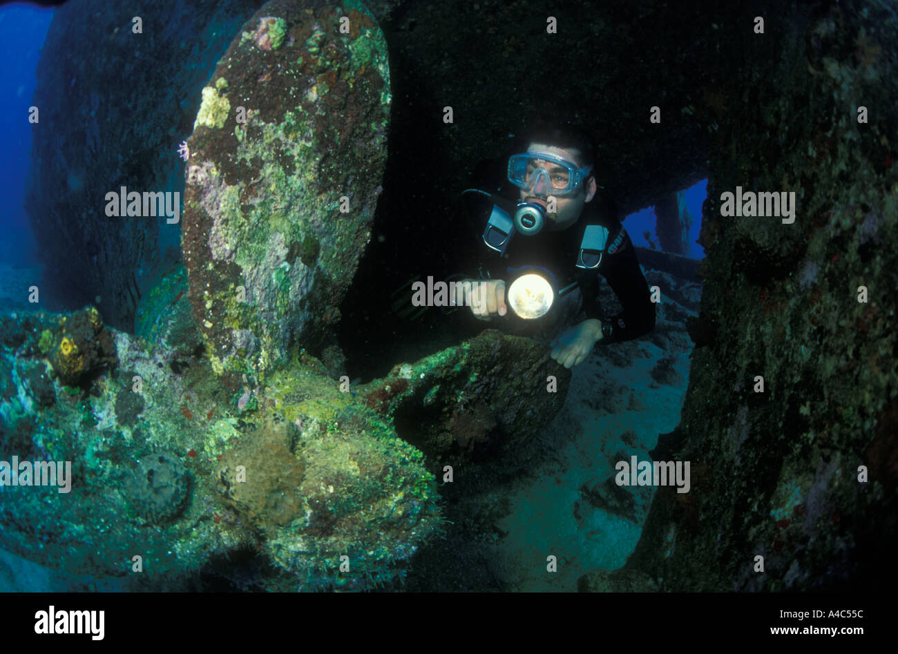 MALE SCUBA DIVER ON WRECKAGE FROM THE HICKORY DOMINICAN REPUBLIC Stock