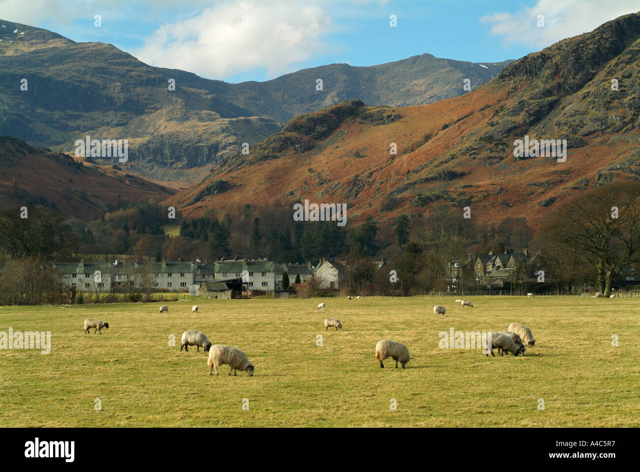 Coniston Village in front of the Coniston Fells, Lake District, Cumbria, England, UK. Stock Photo