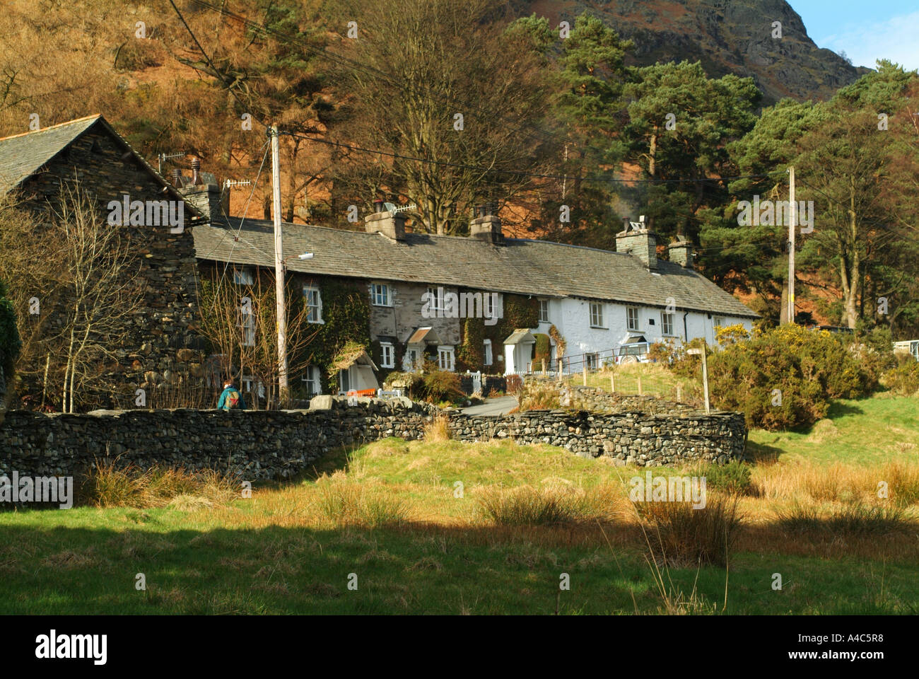 Far End Cottages at the foot of the Coniston Fells, Lake District, Cumbria, England, UK. Stock Photo