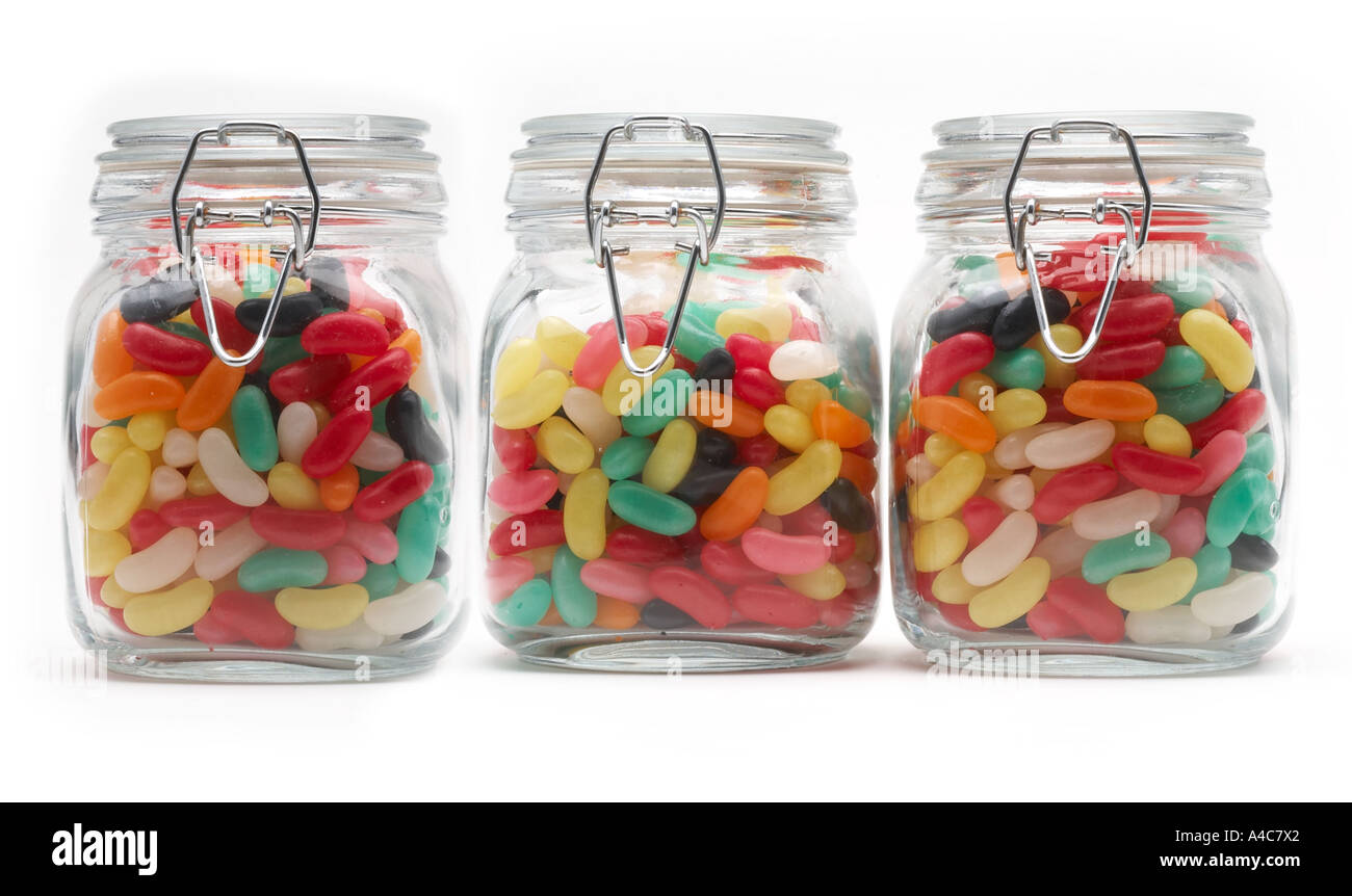 jars, jar, full, of, bowl, full, of Jelly, beans, candy, sweet, sweets, sweeties, confectionery, tooth, decay, fillings, dentist Stock Photo