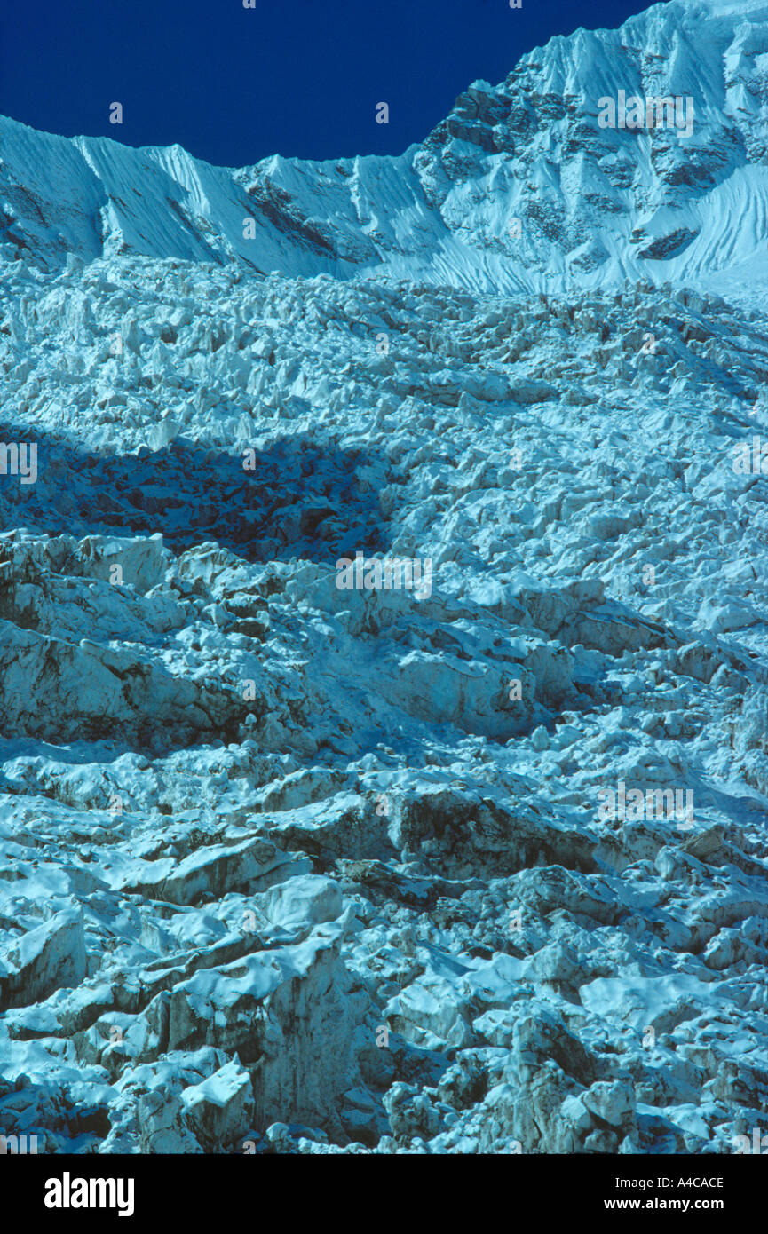 Jumbled and chaotic icefall on the Annapurna South glacier Nepal upright view Stock Photo