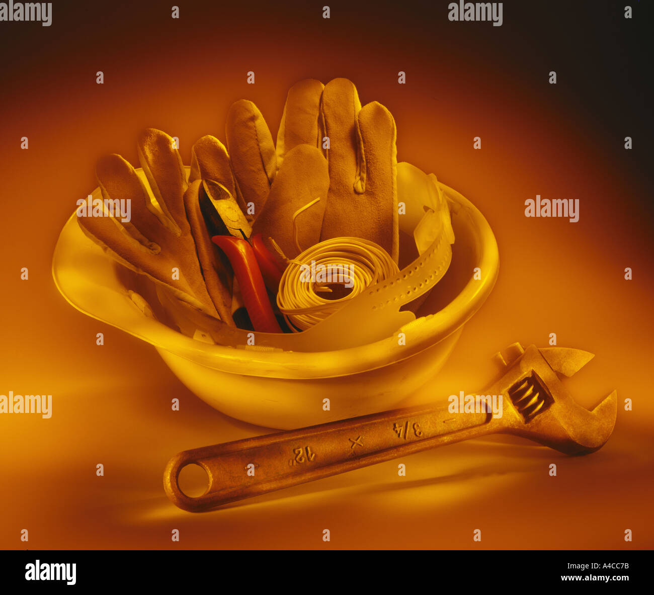Construction industry - hard hat and tools Stock Photo