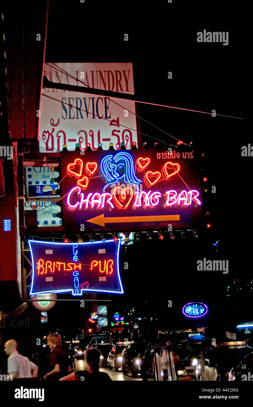 Bangkok, Thailand, signs, bar, laundry, nightime entertainment in a street  off Sukhumvit Road in city centre Stock Photo - Alamy