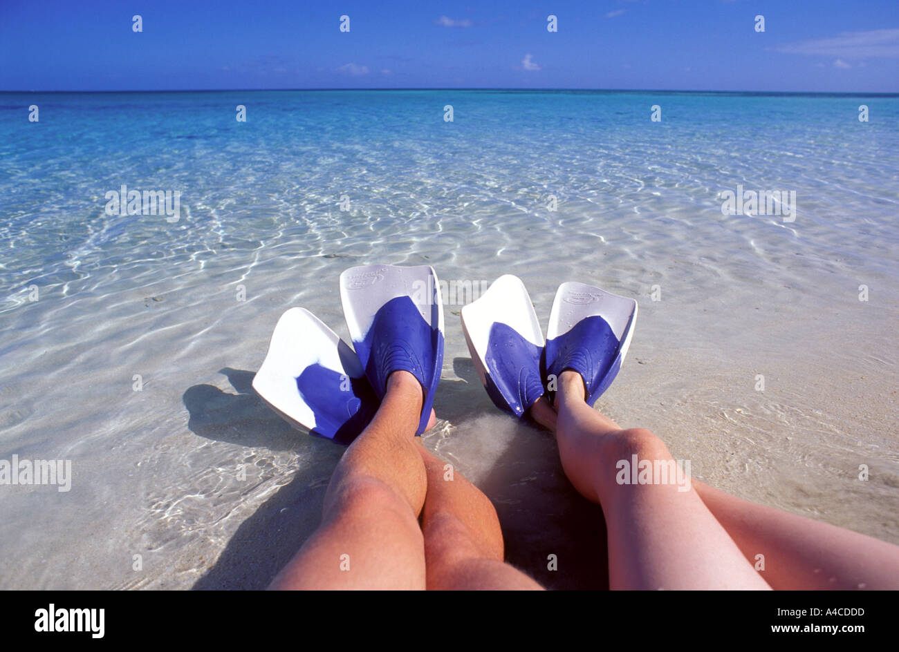 Couples legs with feet in swim fins sitting down Fiji South Pacific