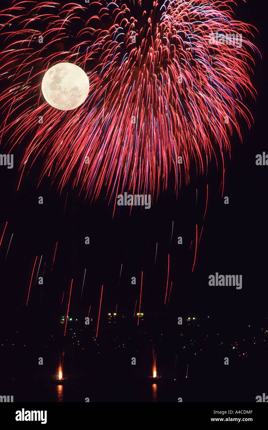 Fireworks and full moon Stock Photo Alamy