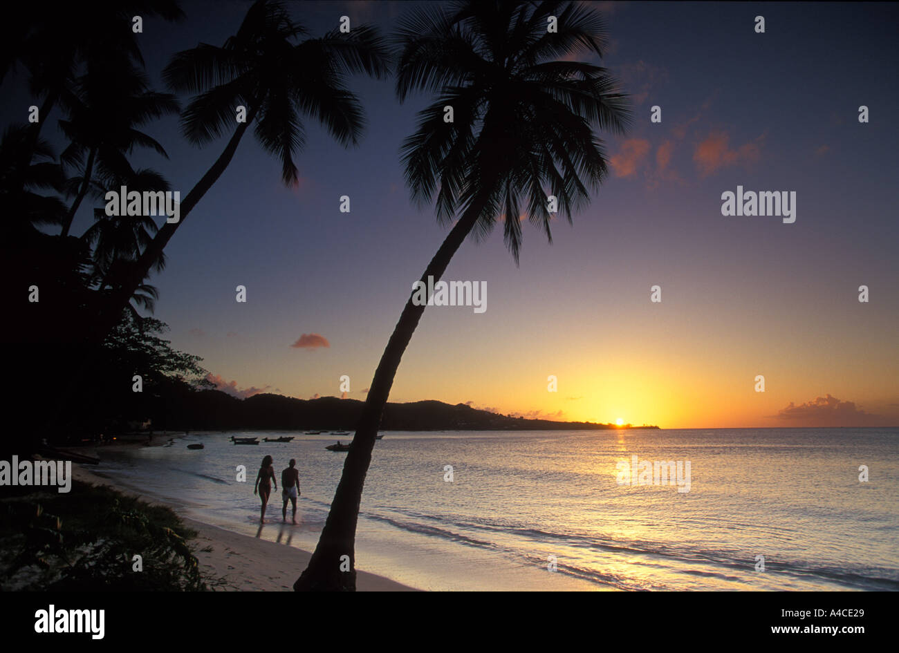 Sunset Couple on beach Grande Anse Grenada Stock Photo