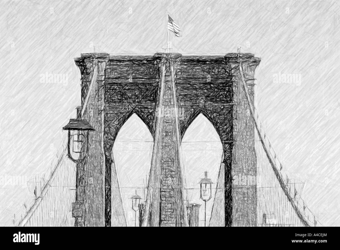 Brooklyn Bridge as a Charcoal or drawing, digitally rendered Stock Photo