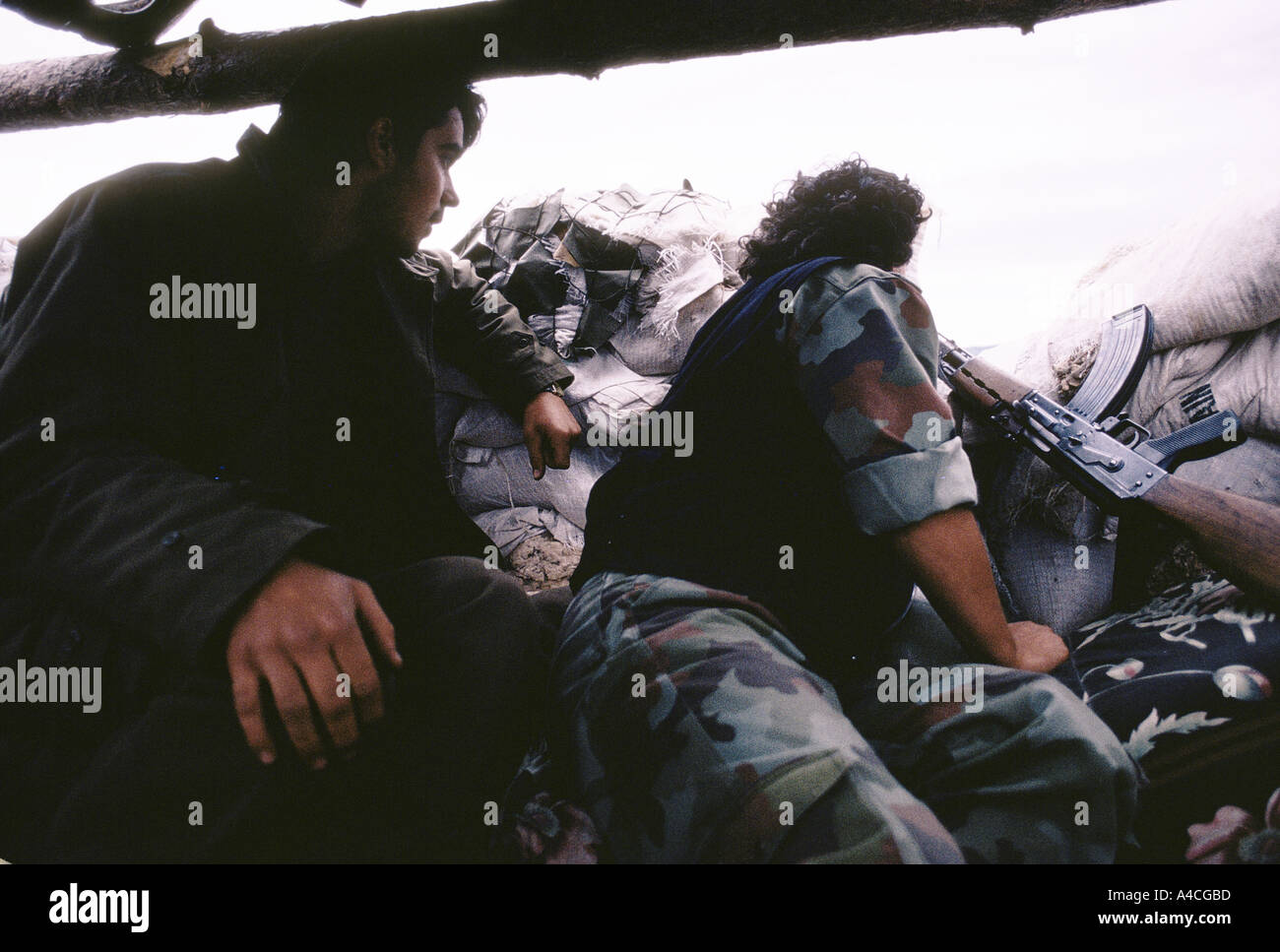 Serbian soldiers man the Bosnian Serb front line position near Lukavica over looking the city  of Saravejo,  Sept 1992 Stock Photo