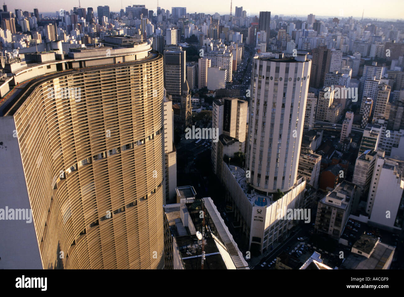 Sao Paulo, Brazil. View from the top of the Edificio Italia looking south west; Edificio Copan and Edificio Ipiranga with Rua da Consolacao stretching away in the distance. Stock Photo