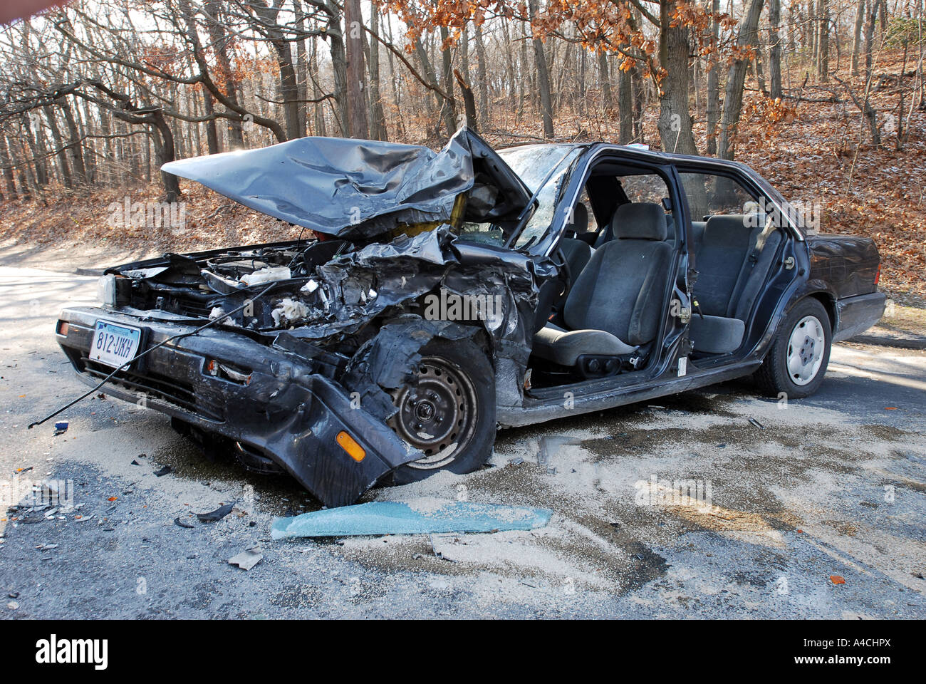Car driven by a drunk driver involved in a severe wreck in Hamden Connecticut USA North America Stock Photo