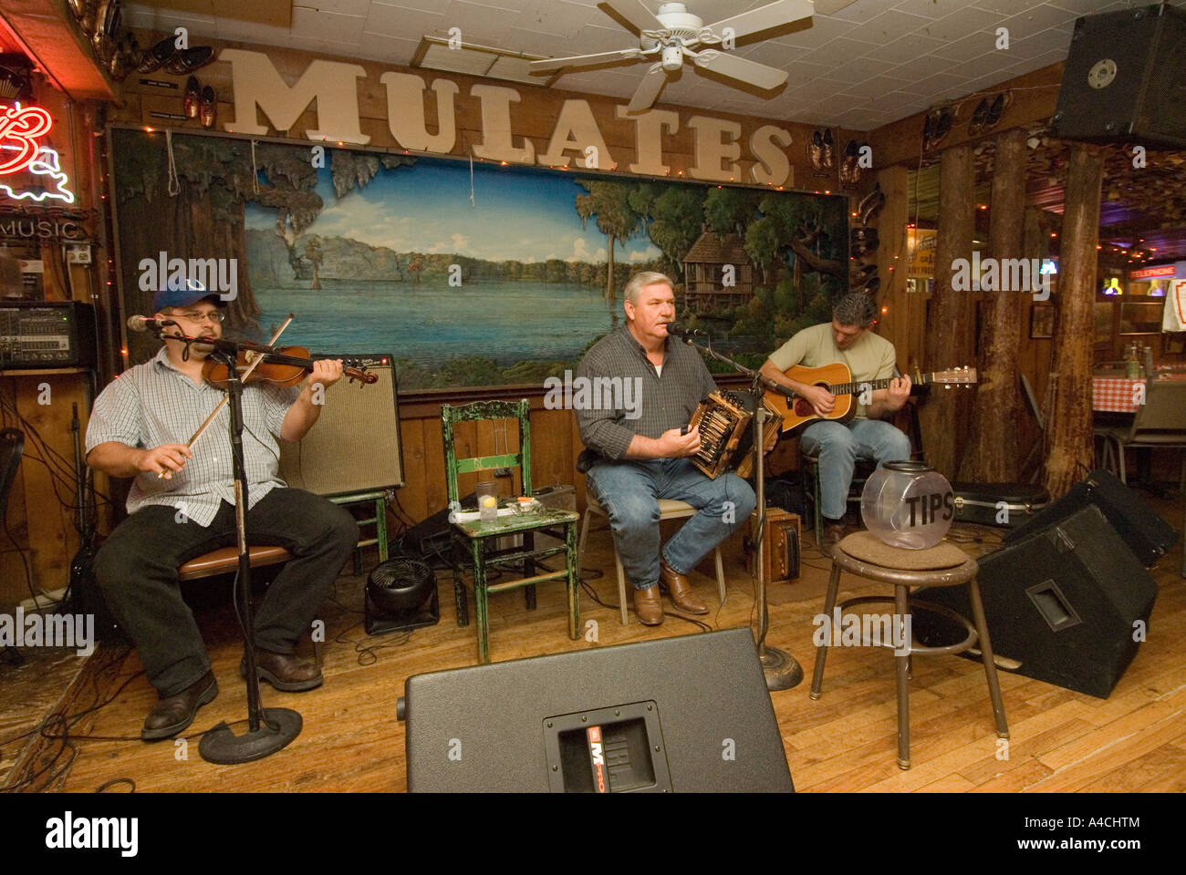 Cajun musicians performing at Mulates, Lake Charles, Louisiana Stock ...