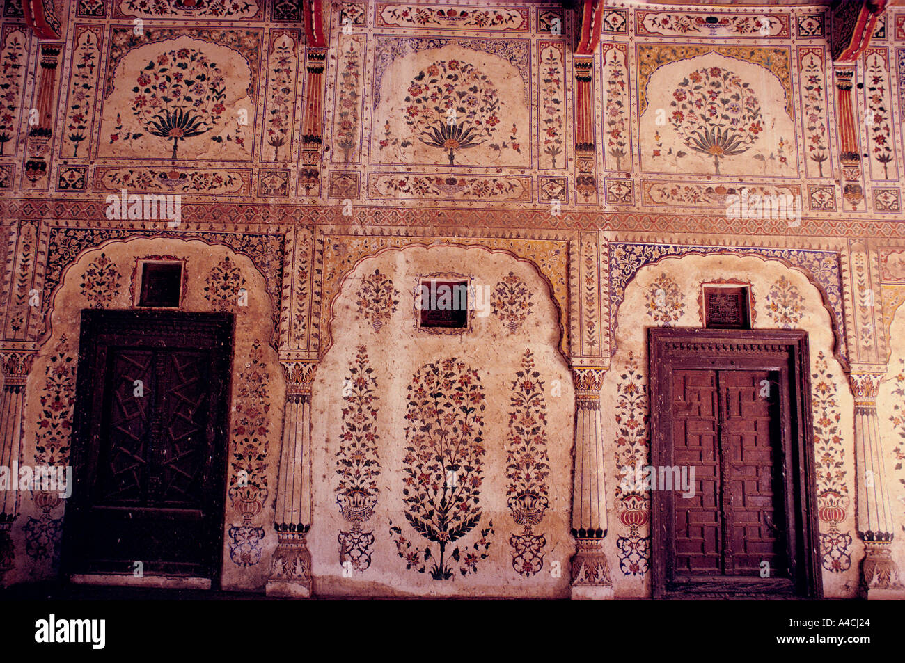 The intricate decoration within the Leghari House is in need of restoration, Choti, Pakistan Stock Photo
