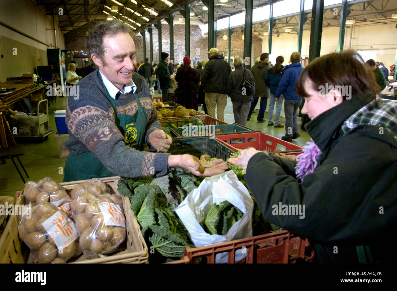 Farmers market trader selling organic vegetables and fruit Brecon Wales