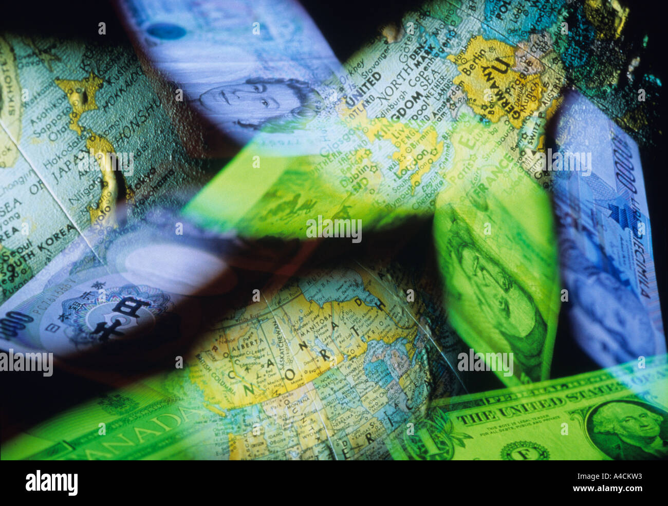 G7 country currencies and globe composite Stock Photo