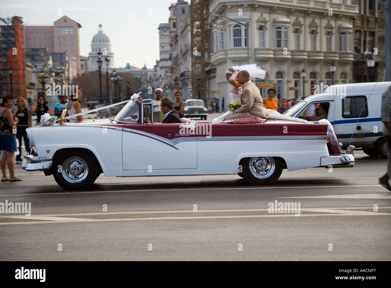 Old American Car Being Used For A Wedding Car On The Malecon