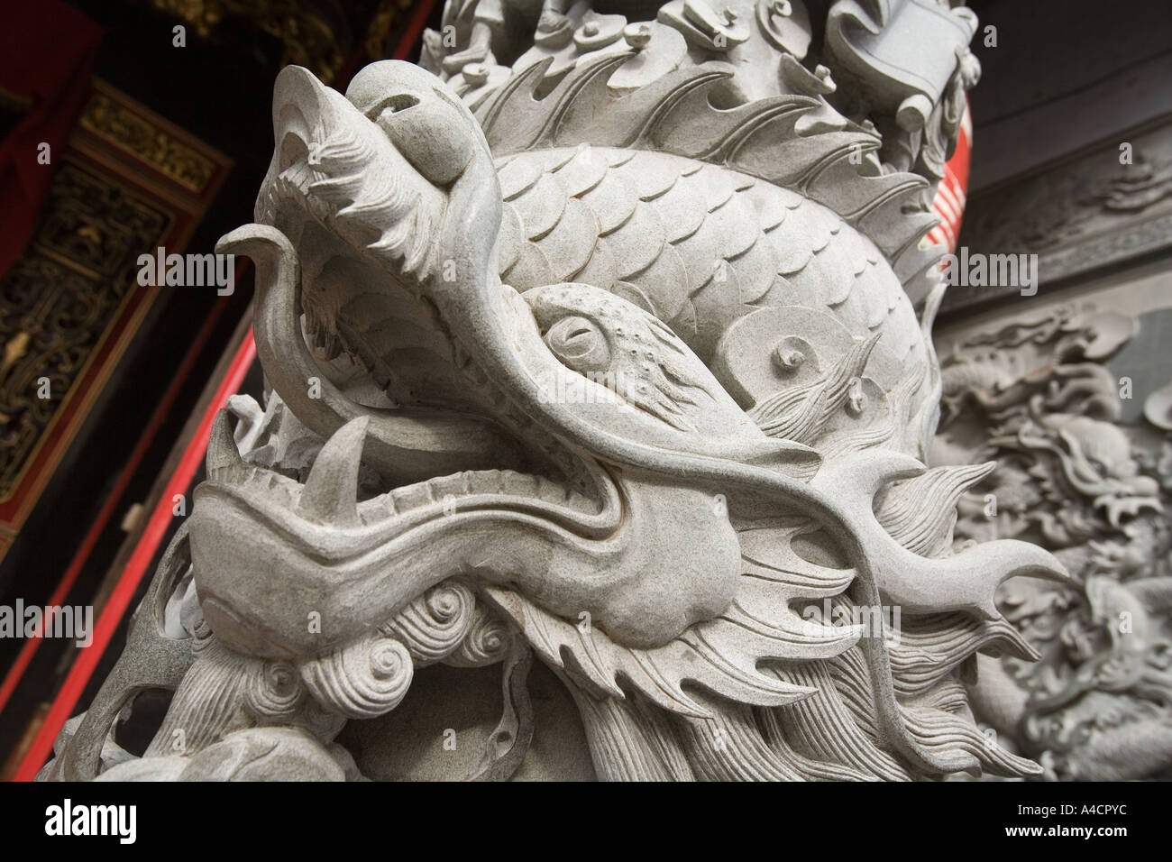 Malaysia Melaka Jalan Tun Tan Cheng Lock Eng Choon Chinese Temple stone carving Stock Photo