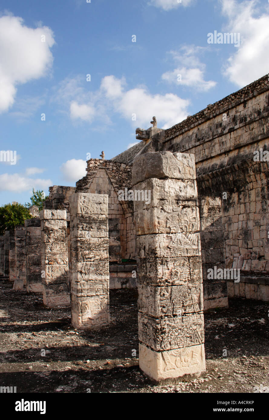 Chichen Itza, Mayan ruin site in Yucatan shows Central Mexico Toltec influence at Temple of the Warrior. Stock Photo