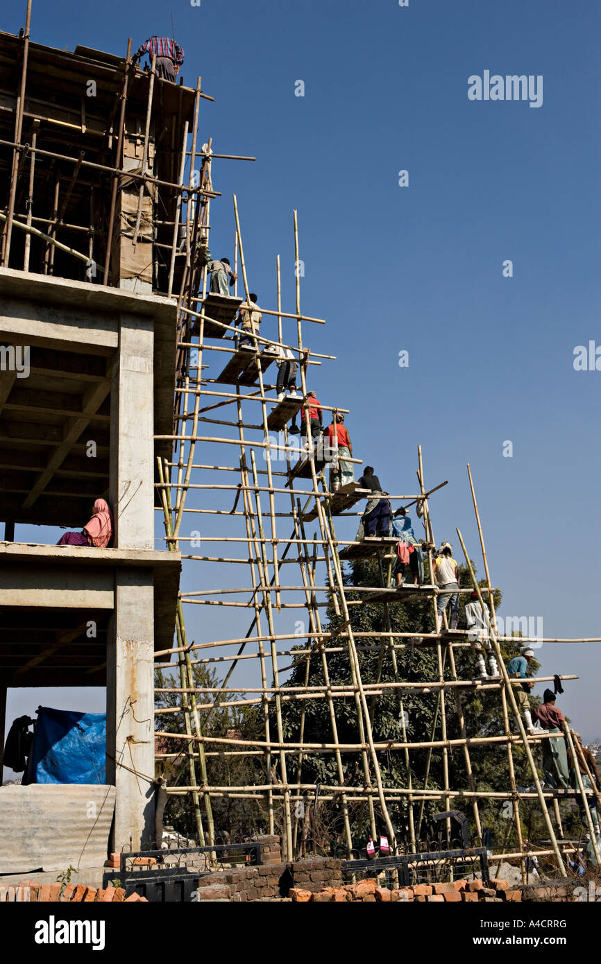 Bamboo scaffolding on a house being built in Kathmandu Nepal Stock