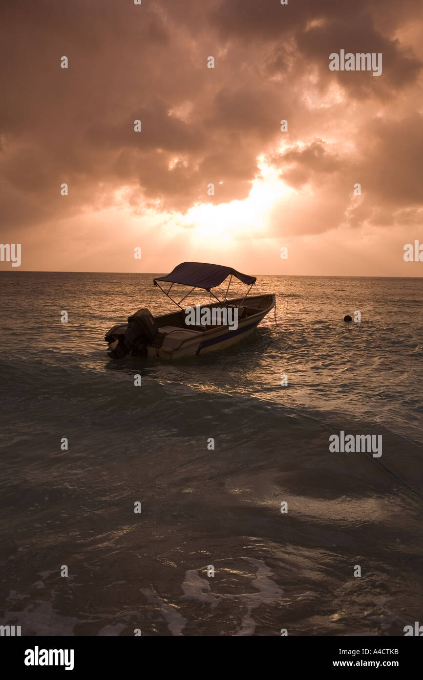 Malaysia Pulao Tioman Air Batang ABC village beach boat at sunset Stock Photo