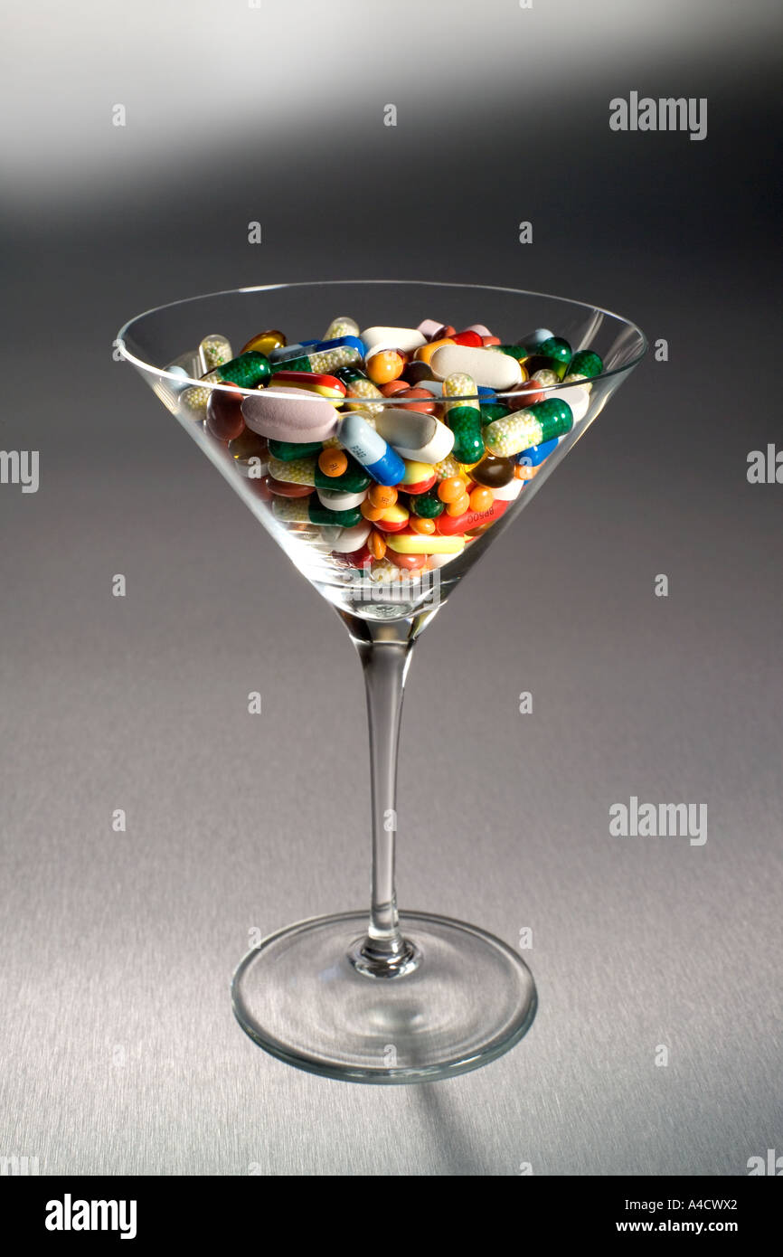 Martini glass of pills. Stock Photo